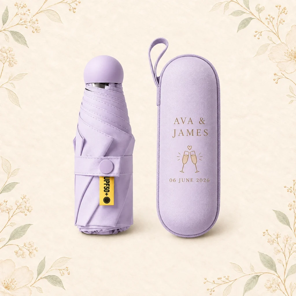 Lavender mini wedding umbrella and case for Ava and James