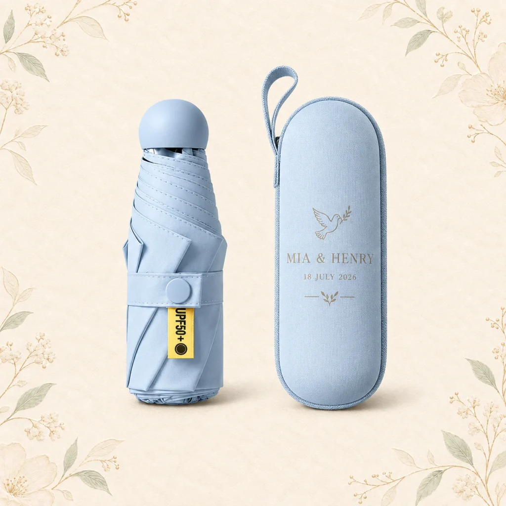 Powder blue mini wedding umbrella and case for Mia and Henry