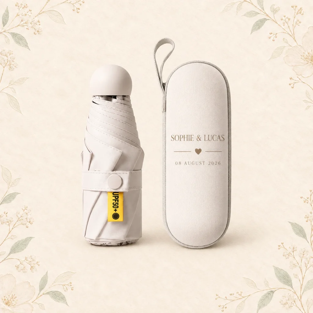 Ivory mini wedding umbrella and case for Sophie and Lucas