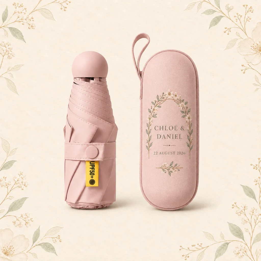 Dusty rose mini wedding umbrella and case for Chloe and Daniel