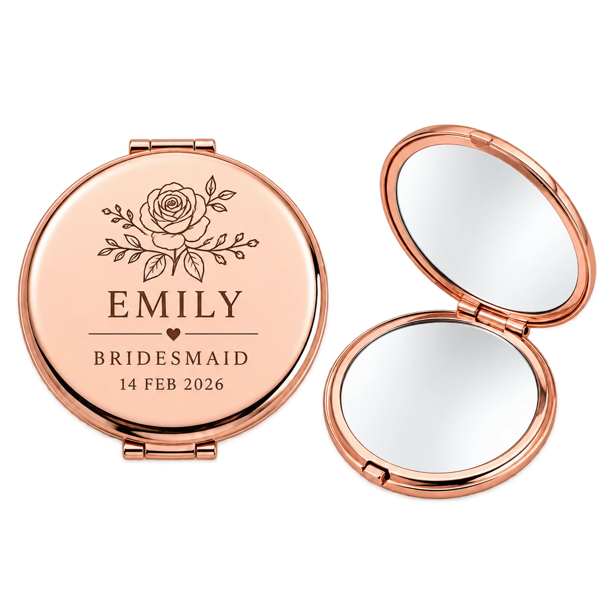 Rose-gold mirror for Emily, bridesmaid, dated 14 February 2026