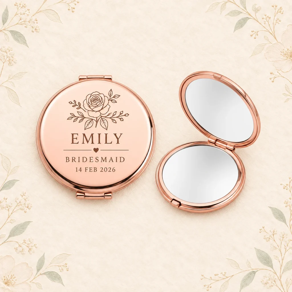 Rose-gold mirror for Emily, bridesmaid, dated 14 February 2026