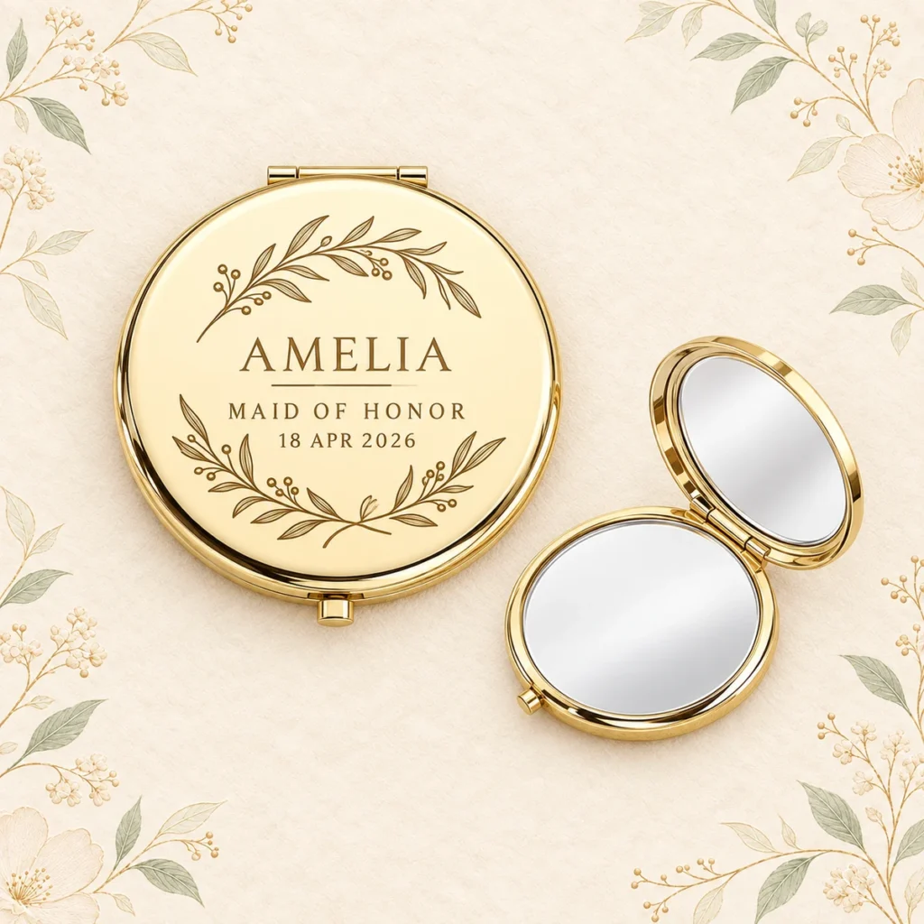 Gold mirror for Amelia, maid of honor, dated 18 April 2026