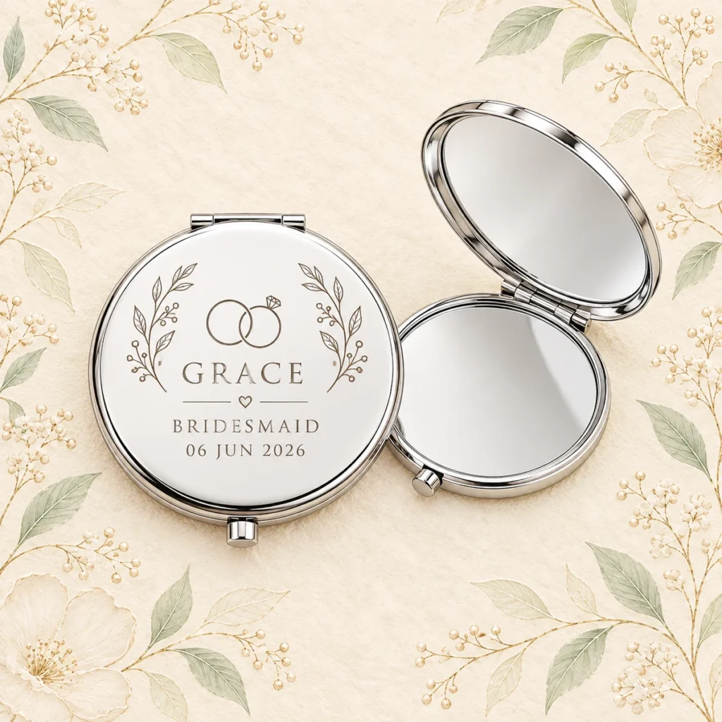 Silver mirror for Grace, bridesmaid, dated 6 June 2026