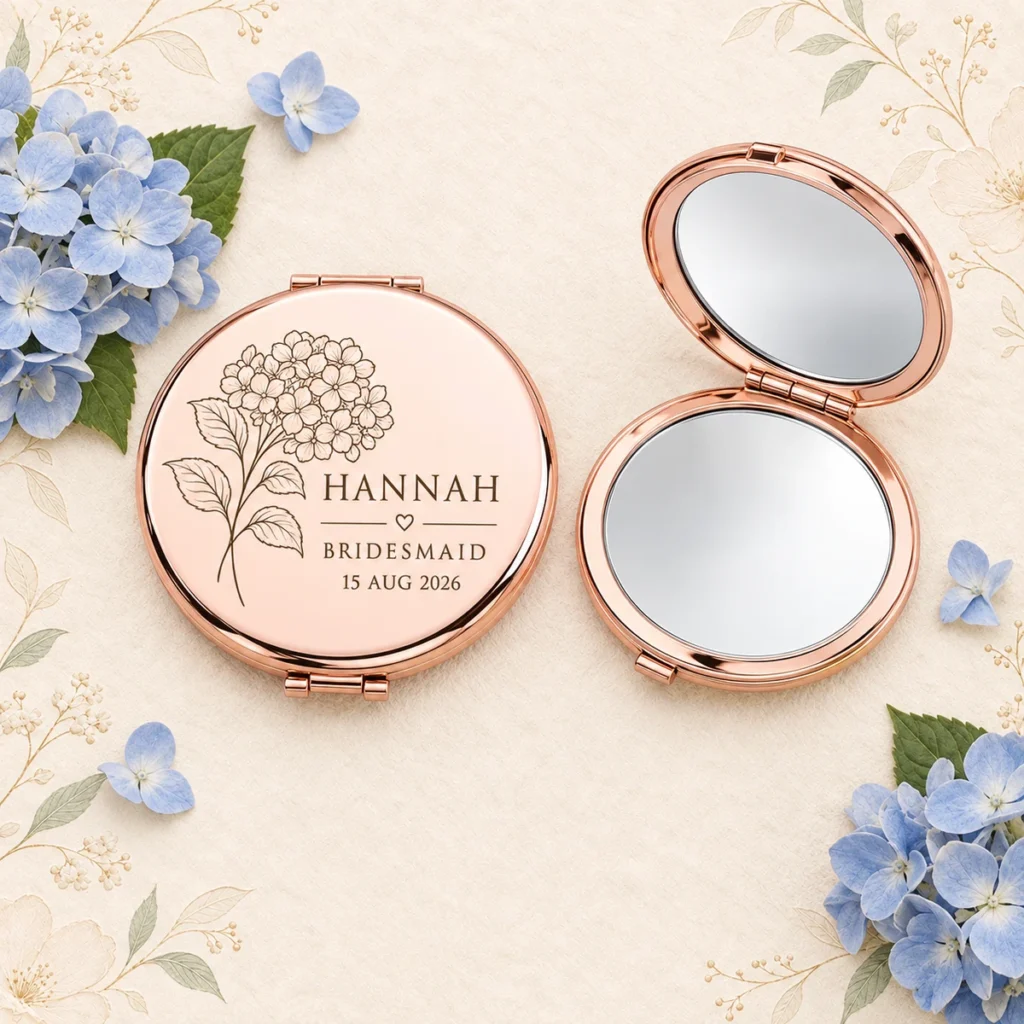 Rose-gold mirror for Hannah, bridesmaid, dated 15 August 2026