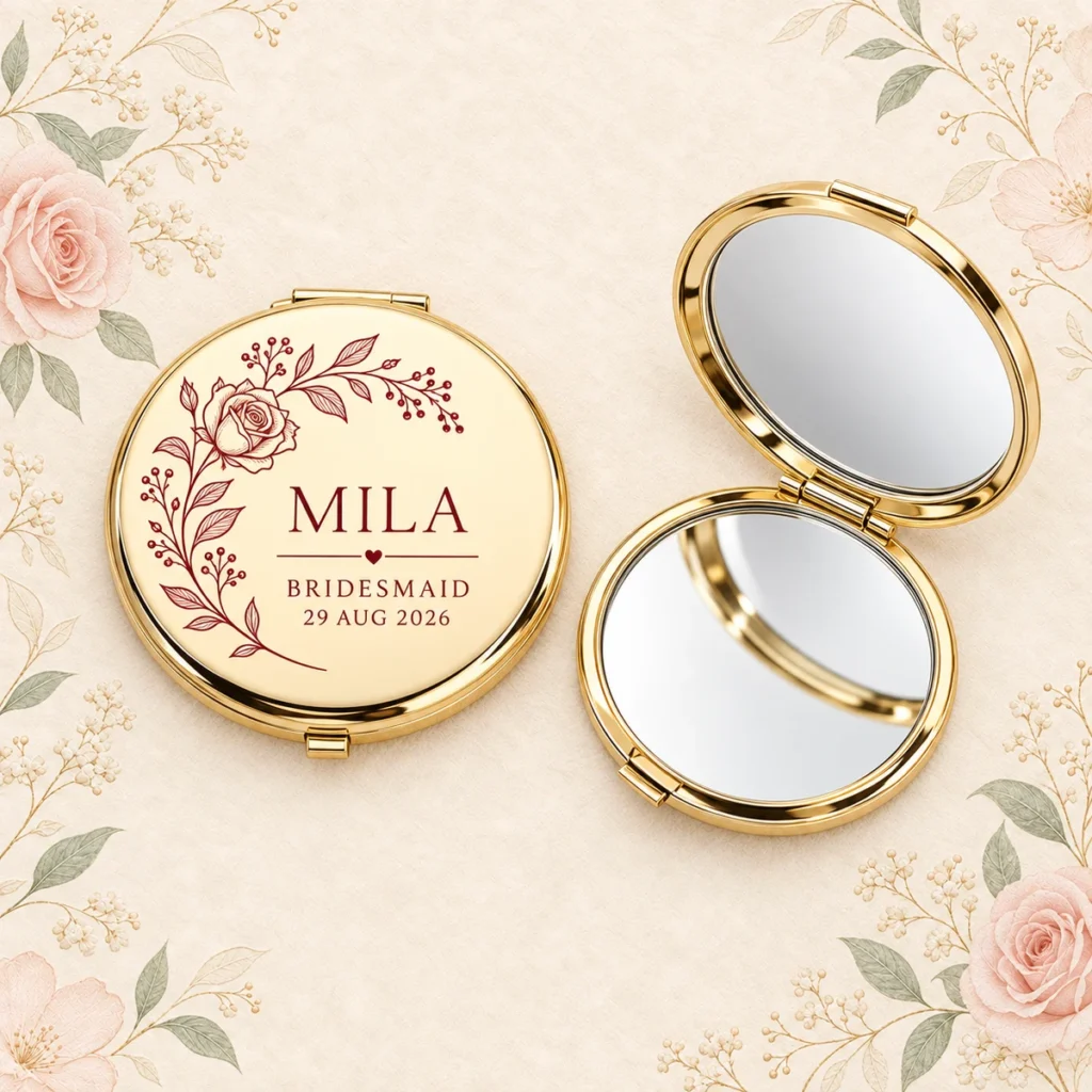 Gold mirror for Mila, bridesmaid, dated 29 August 2026