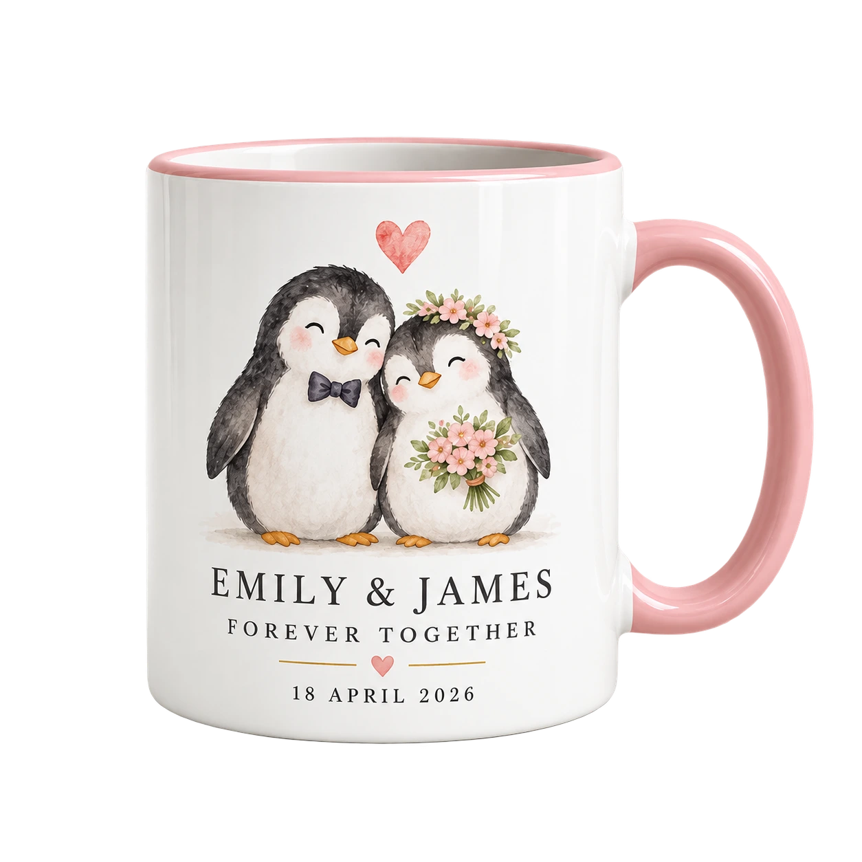 Blush penguin mug for Emily and James dated 18 April 2026