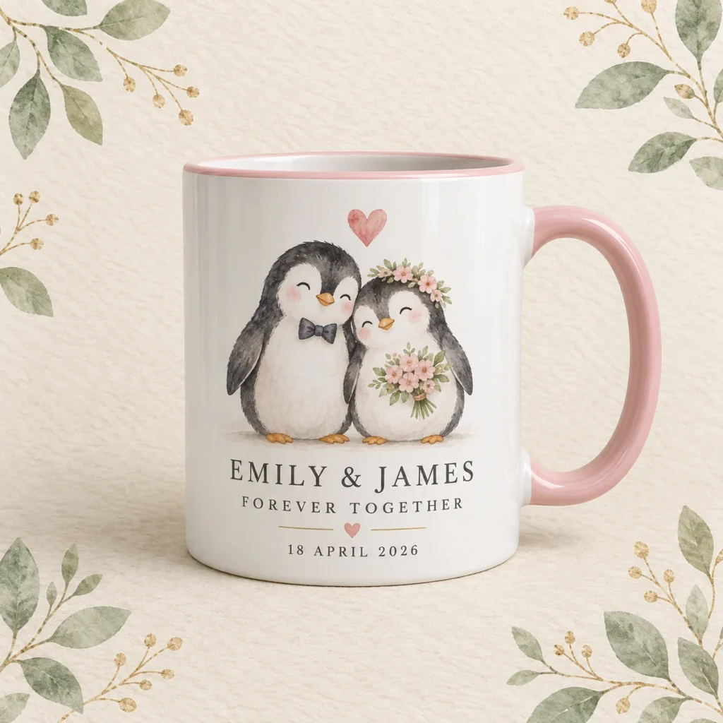 Blush penguin mug for Emily and James dated 18 April 2026