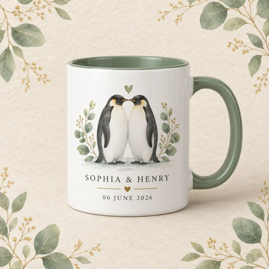 Sage penguin mug for Sophia and Henry dated 6 June 2026