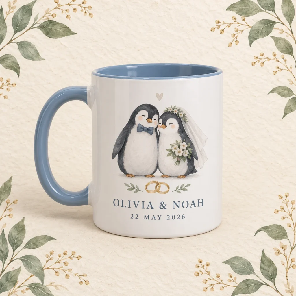 Blue penguin wedding mug for Olivia and Noah dated 22 May 2026