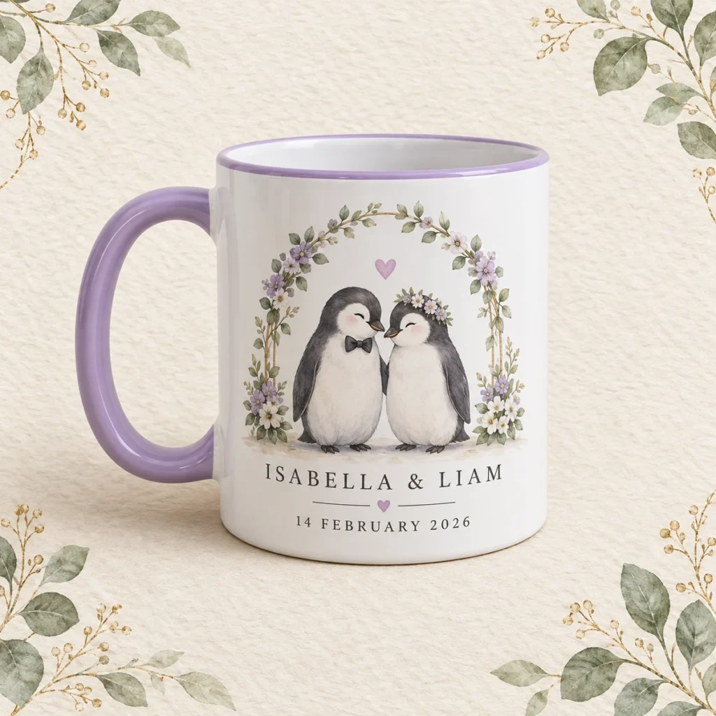 Lavender penguin mug for Isabella and Liam dated 14 February 2026