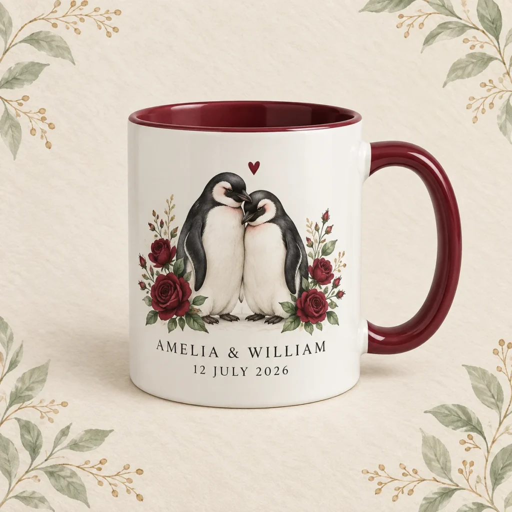 Burgundy penguin mug for Amelia and William dated 12 July 2026