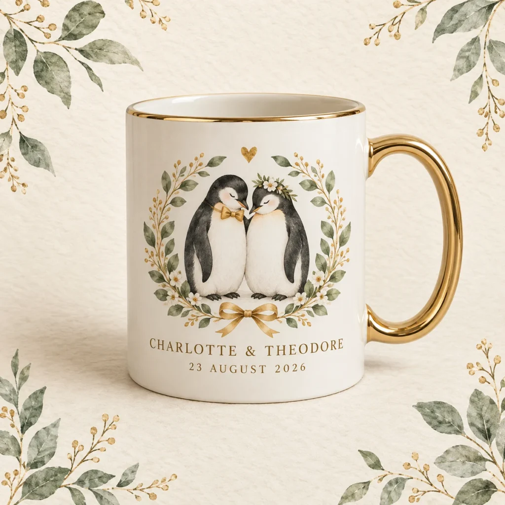 Gold penguin mug for Charlotte and Theodore dated 23 August 2026