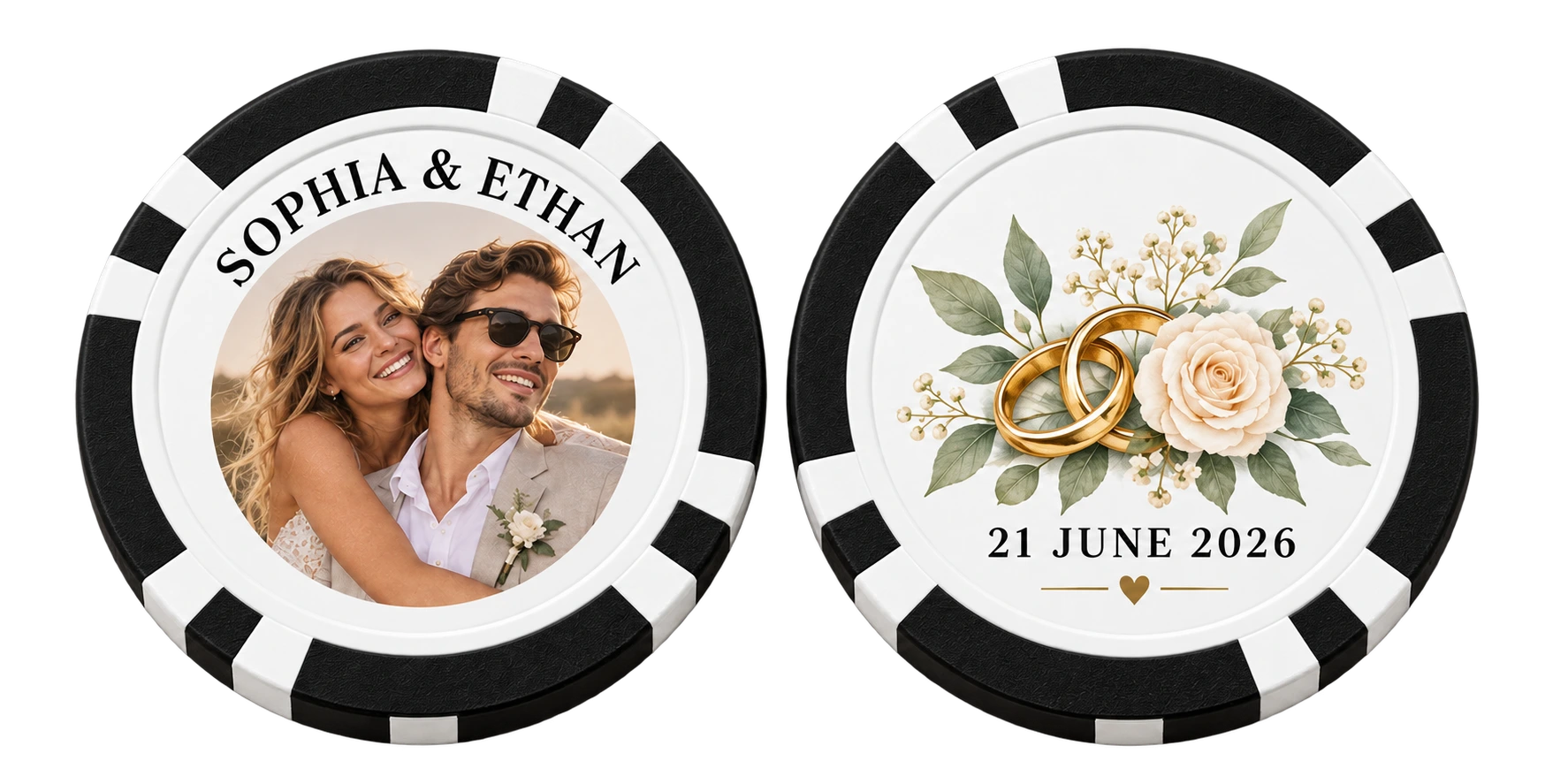 Black wedding poker chip for Sophia and Ethan dated 21 June 2026