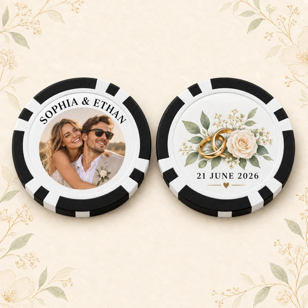 Black wedding poker chip for Sophia and Ethan dated 21 June 2026
