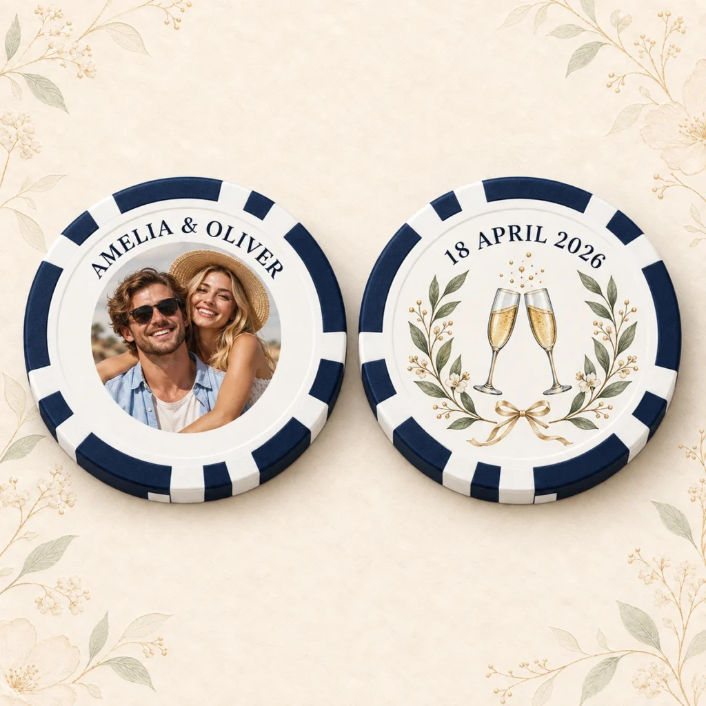 Navy wedding poker chip for Amelia and Oliver dated 18 April 2026