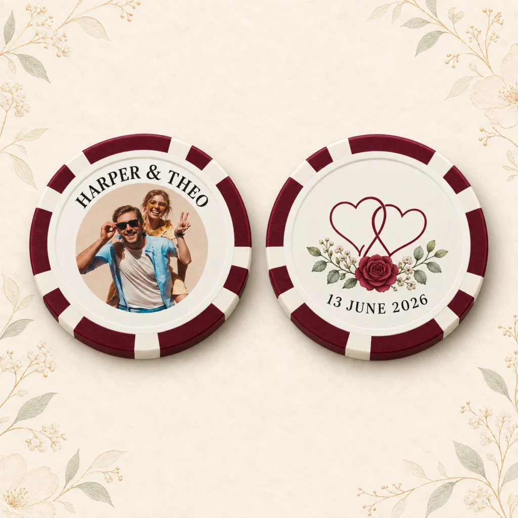 Burgundy wedding poker chip for Harper and Theo dated 13 June 2026