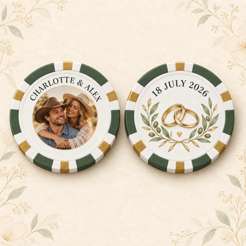 Sage wedding poker chip for Charlotte and Alex dated 18 July 2026
