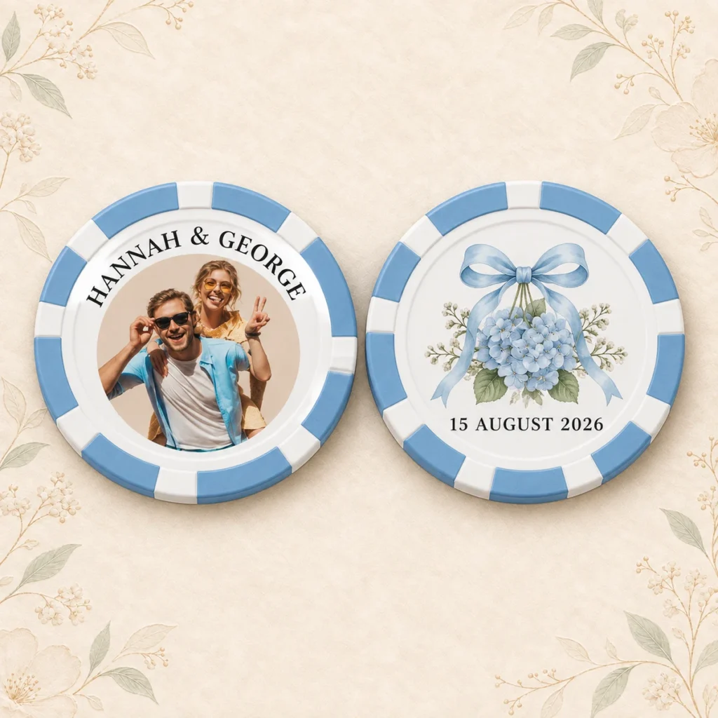 Blue wedding poker chip for Hannah and George dated 15 August 2026