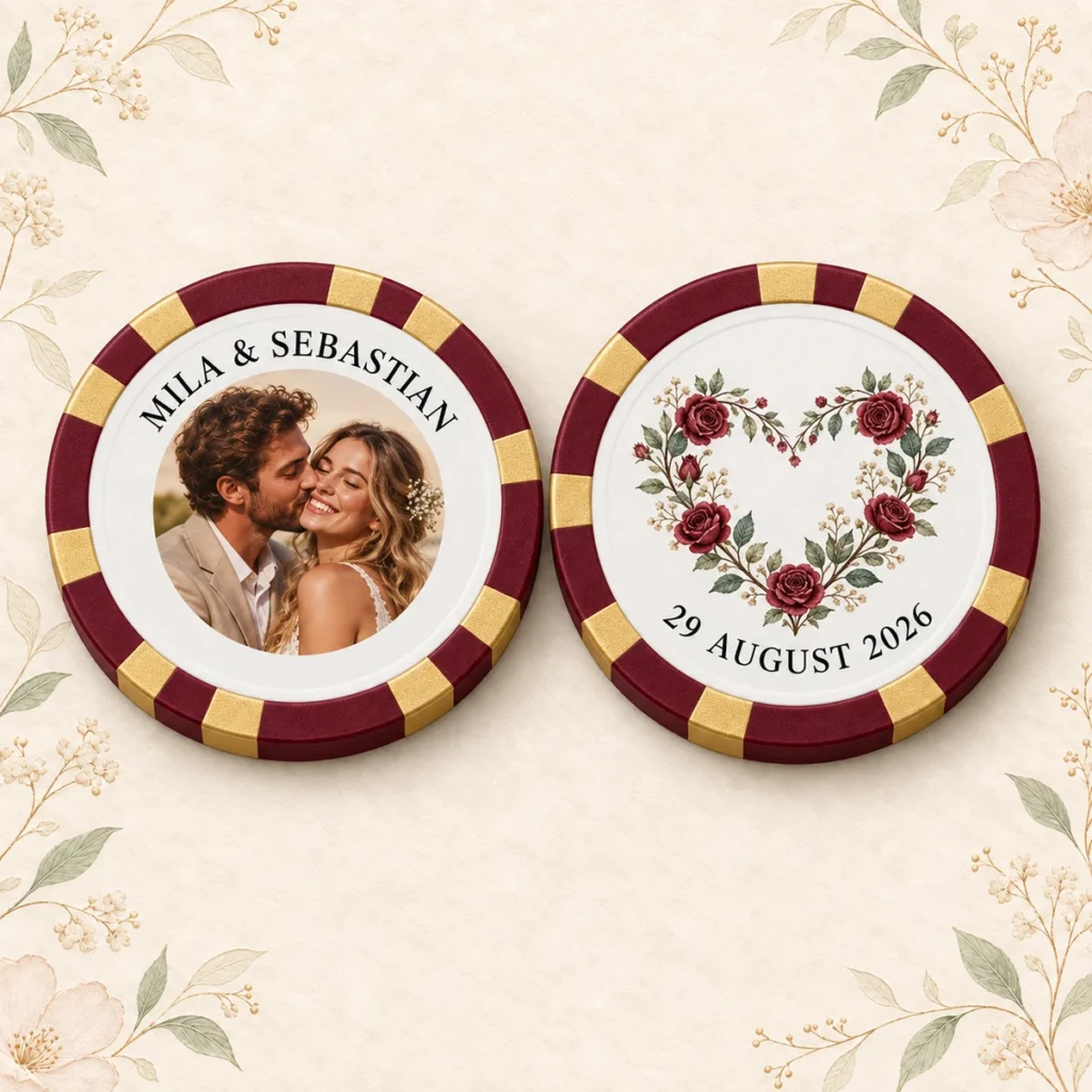 Burgundy wedding poker chip for Mila and Sebastian dated 29 August 2026