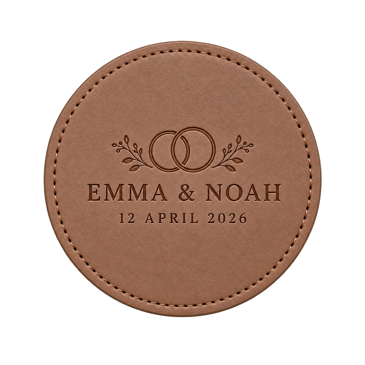 Tan leather coaster for Emma and Noah dated 12 April 2026