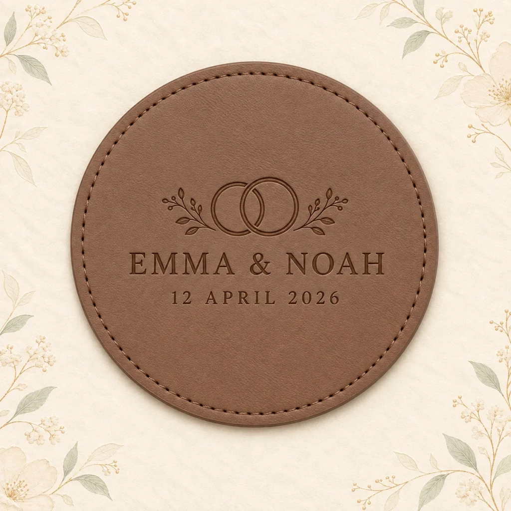 Tan leather coaster for Emma and Noah dated 12 April 2026