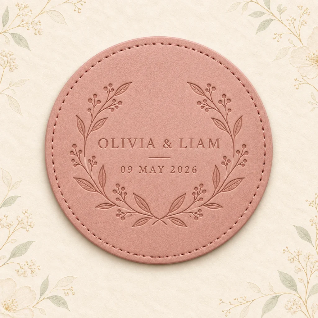 Blush leather coaster for Olivia and Liam dated 9 May 2026