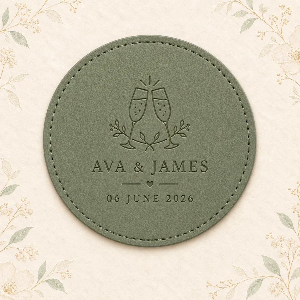 Sage leather coaster for Ava and James dated 6 June 2026