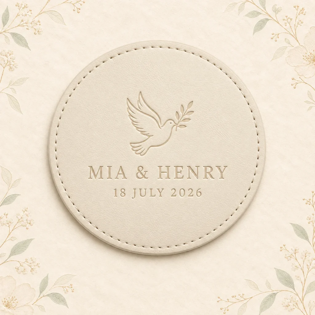Ivory leather coaster for Mia and Henry dated 18 July 2026
