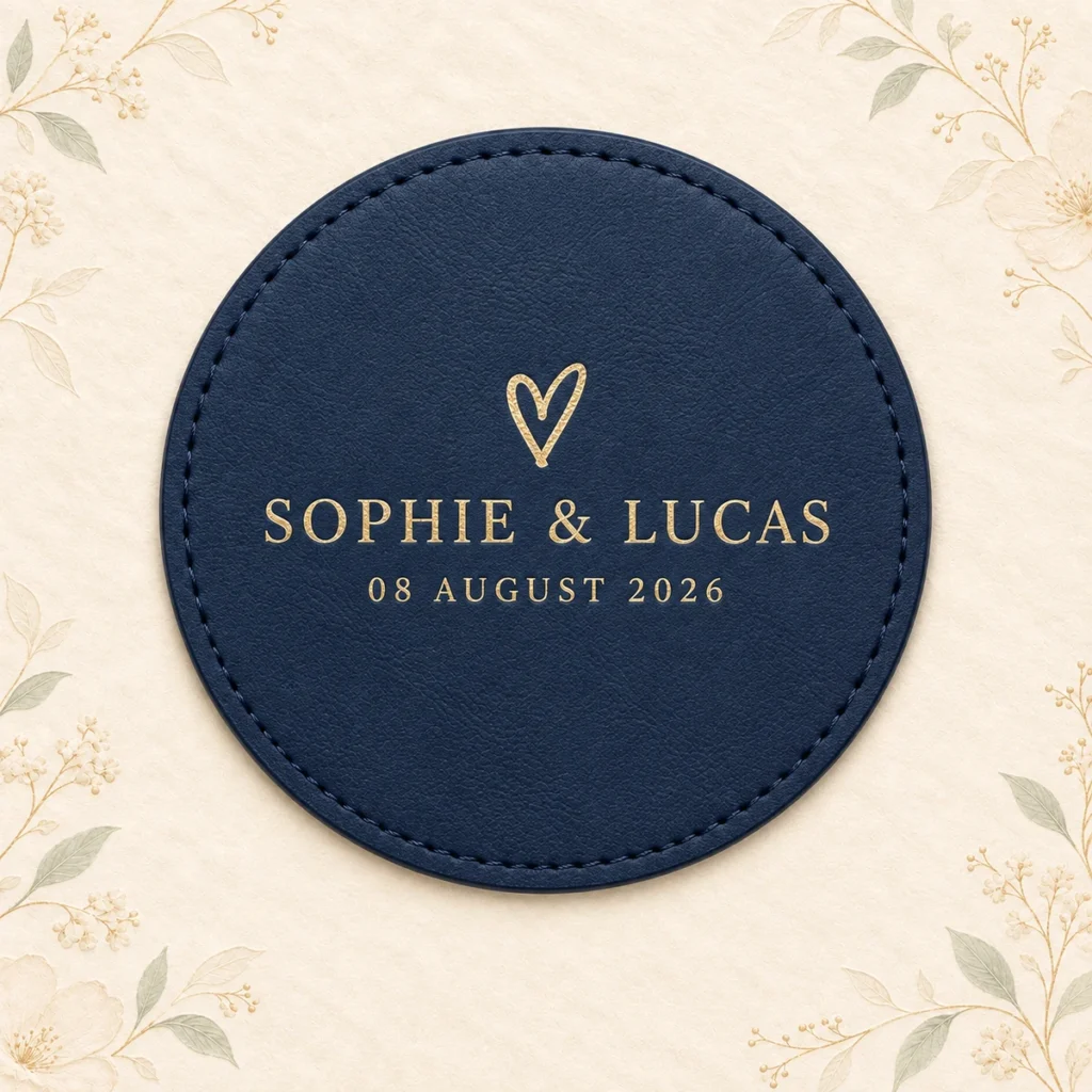 Navy leather coaster for Sophie and Lucas dated 8 August 2026