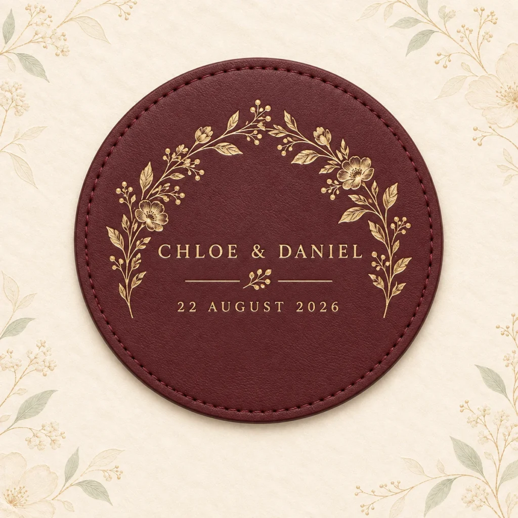 Burgundy leather coaster for Chloe and Daniel dated 22 August 2026