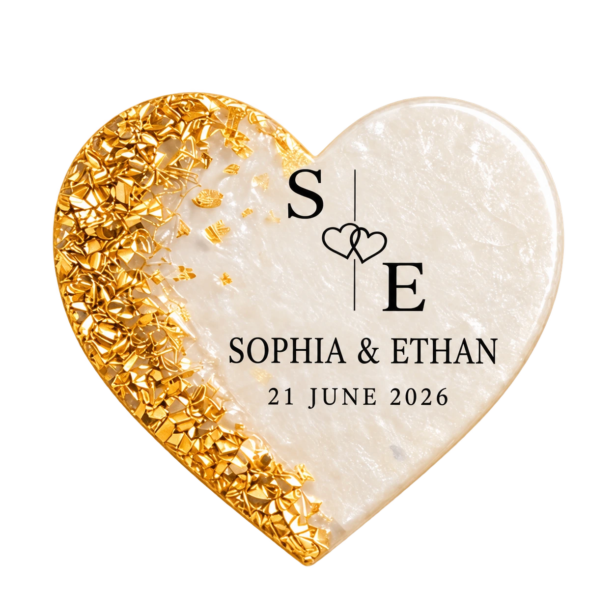 Personalized resin heart wedding magnet with gold detail