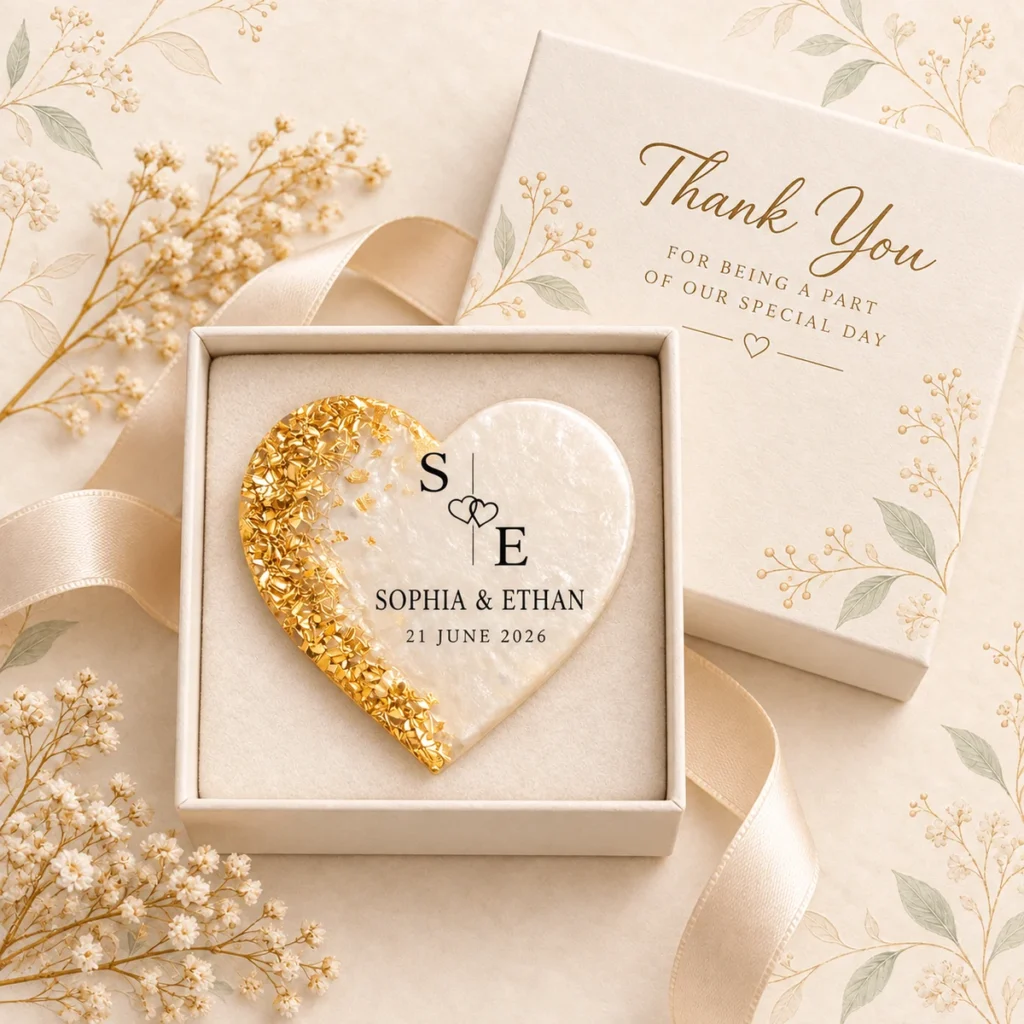 Gold flake heart magnet for Sophia and Ethan dated 21 June 2026