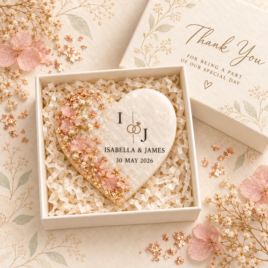 Blush flower heart magnet for Isabella and James dated 30 May 2026