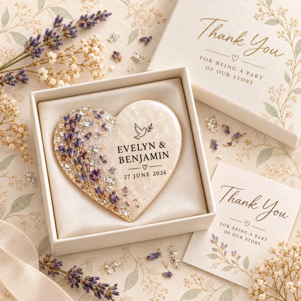 Lavender heart magnet for Evelyn and Benjamin dated 27 June 2026