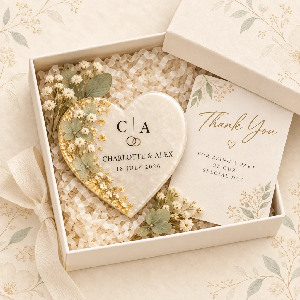 Sage flower heart magnet for Charlotte and Alex dated 18 July 2026