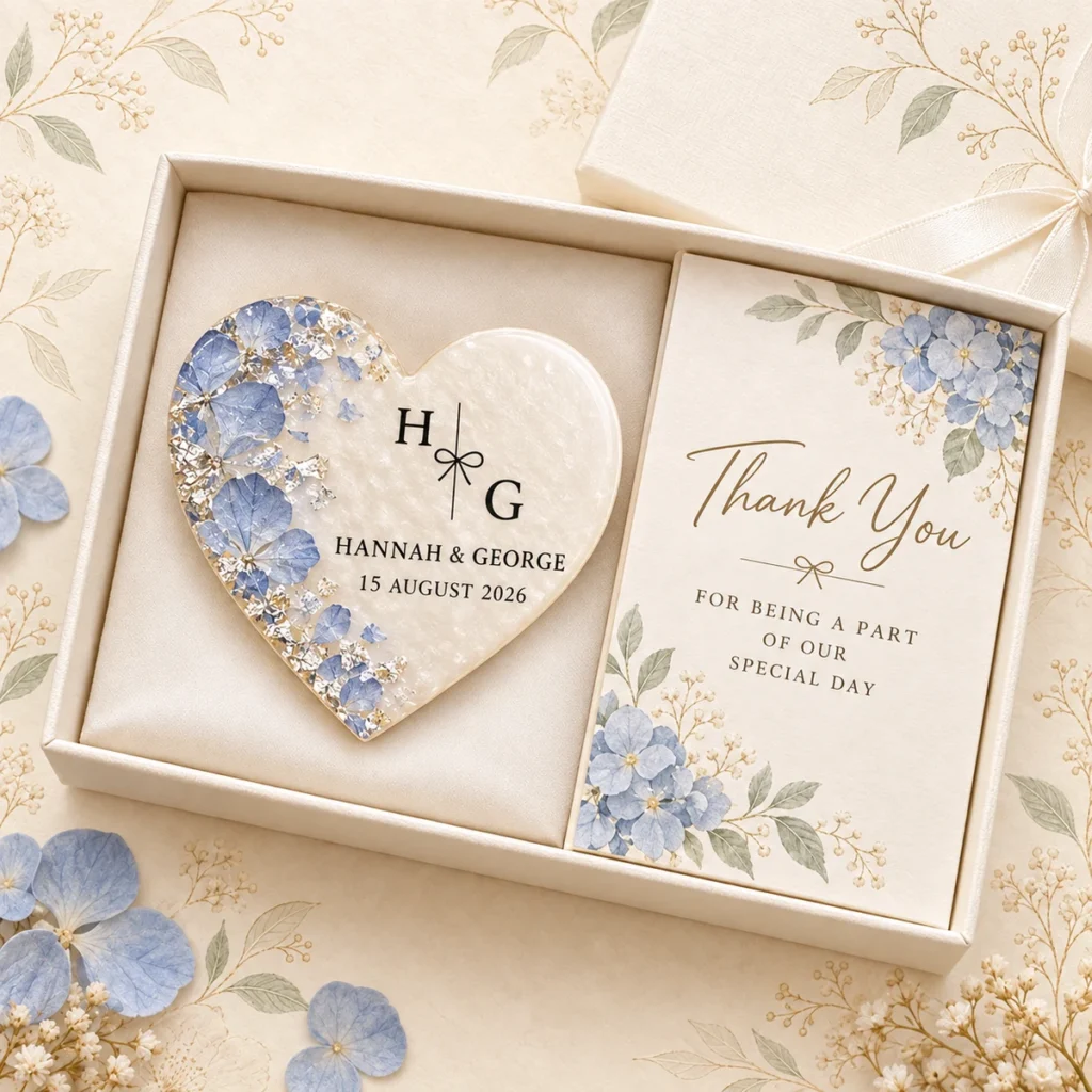 Blue hydrangea heart magnet for Hannah and George dated 15 August 2026
