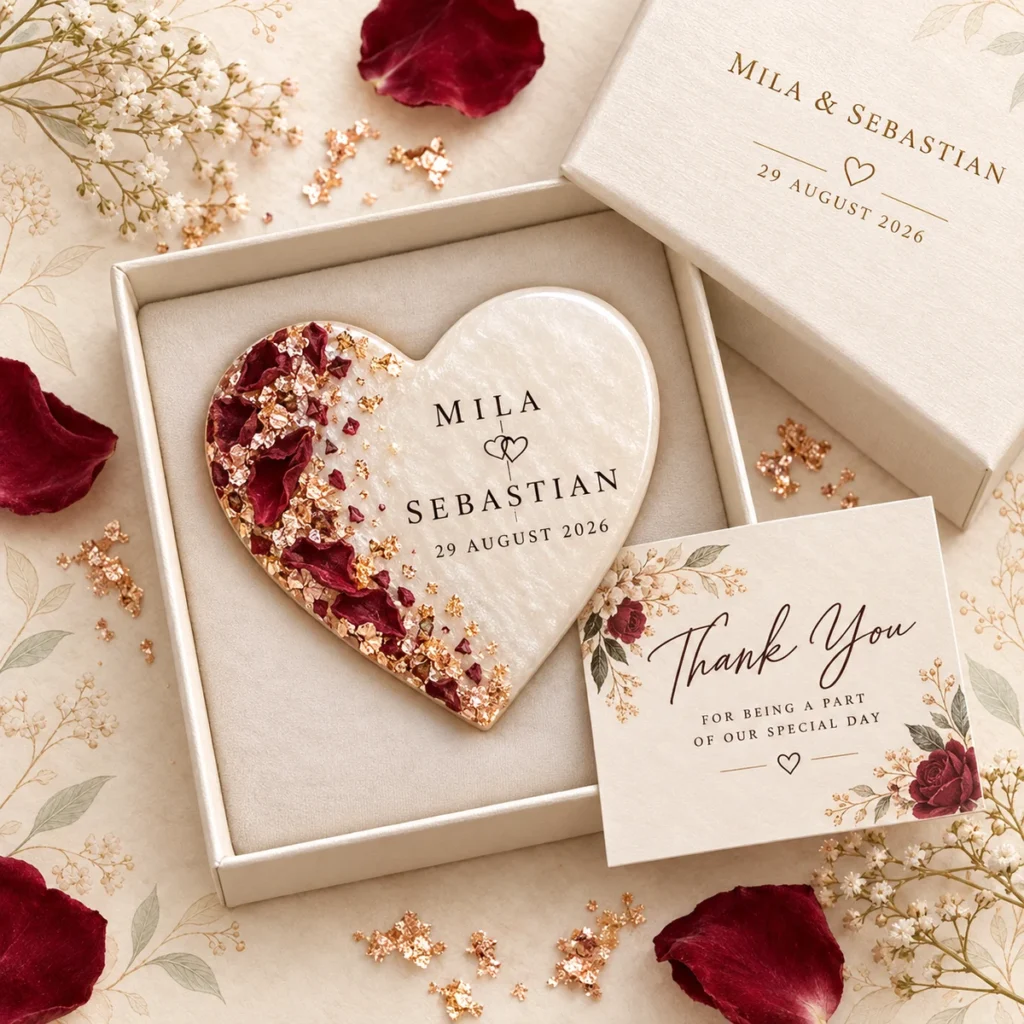 Burgundy rose heart magnet for Mila and Sebastian dated 29 August 2026