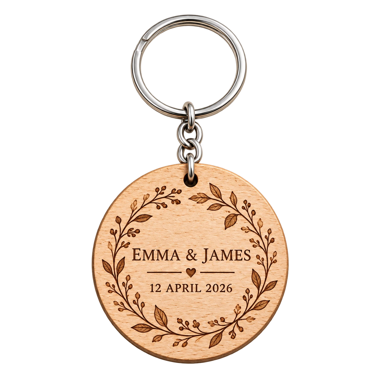 Maple wood wreath keychain for Emma and James dated 12 April 2026