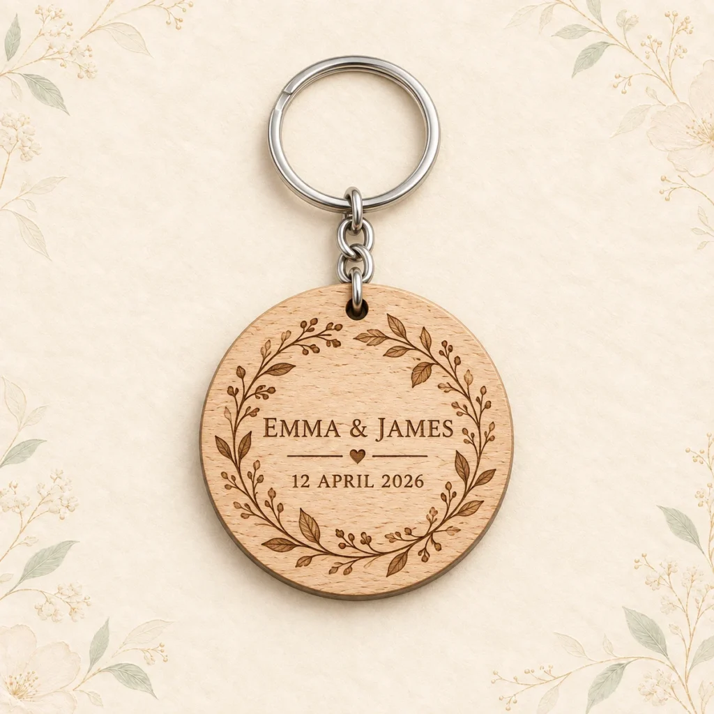 Maple wood wreath keychain for Emma and James dated 12 April 2026