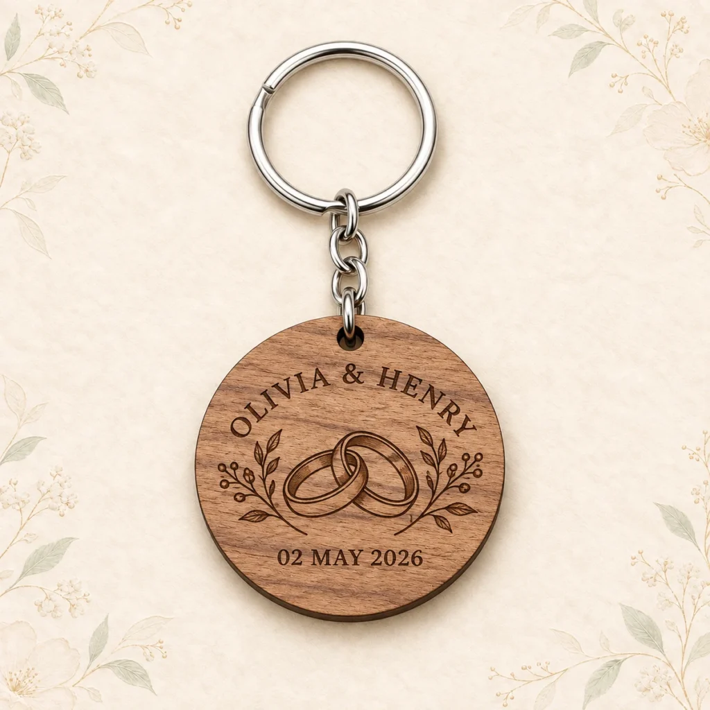 Walnut wood ring keychain for Olivia and Henry dated 2 May 2026