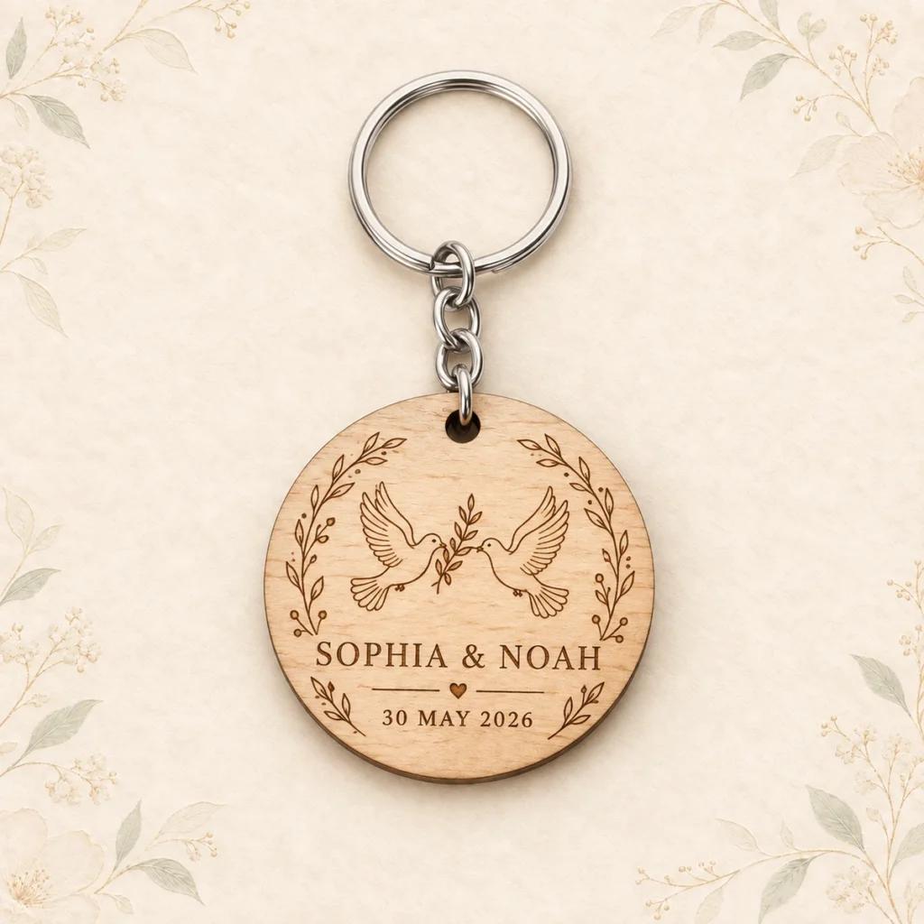 Maple wood dove keychain for Sophia and Noah dated 30 May 2026