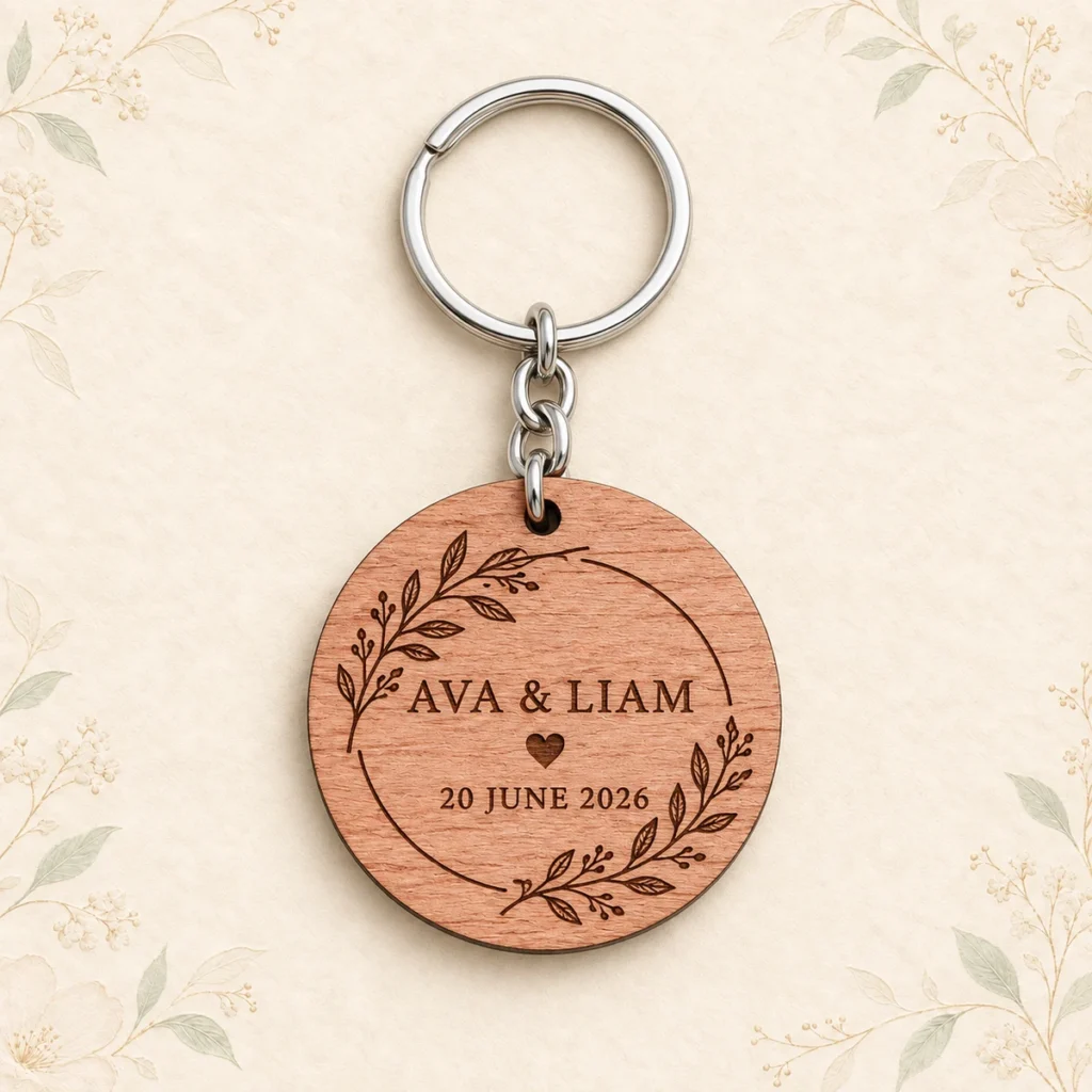 Rosewood botanical keychain for Ava and Liam dated 20 June 2026