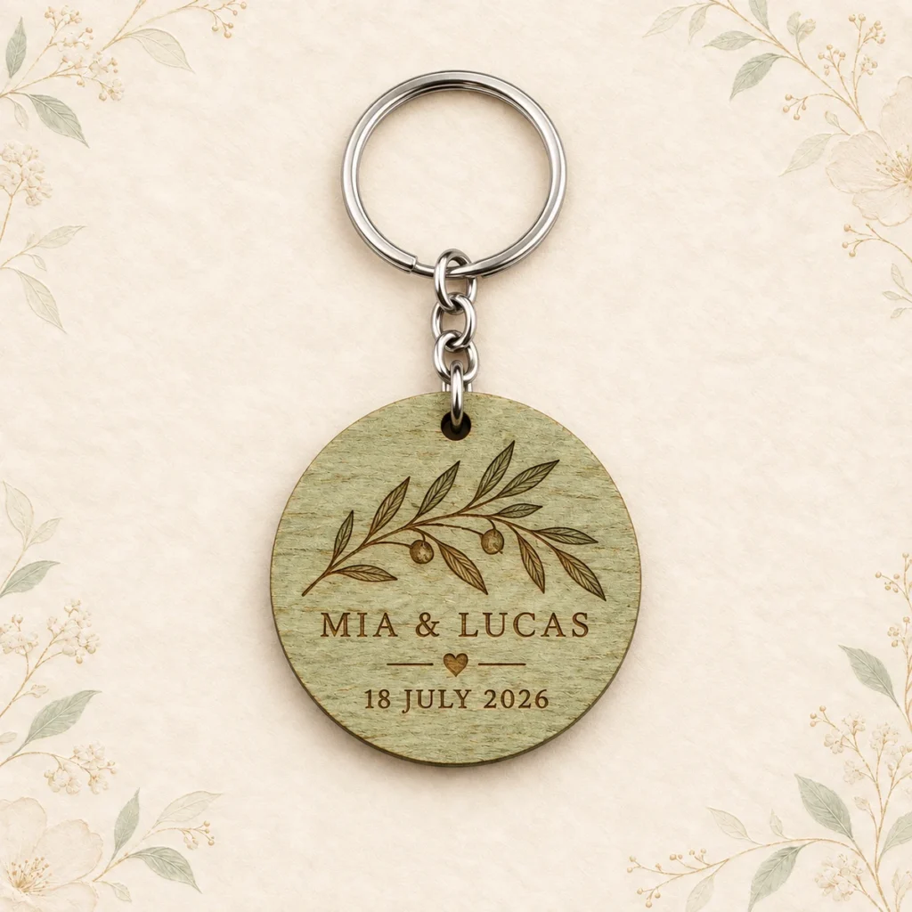 Sage-stained leaf keychain for Mia and Lucas dated 18 July 2026