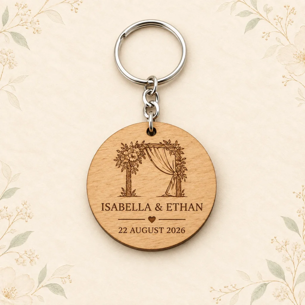Beech floral-arch keychain for Isabella and Ethan dated 22 August 2026