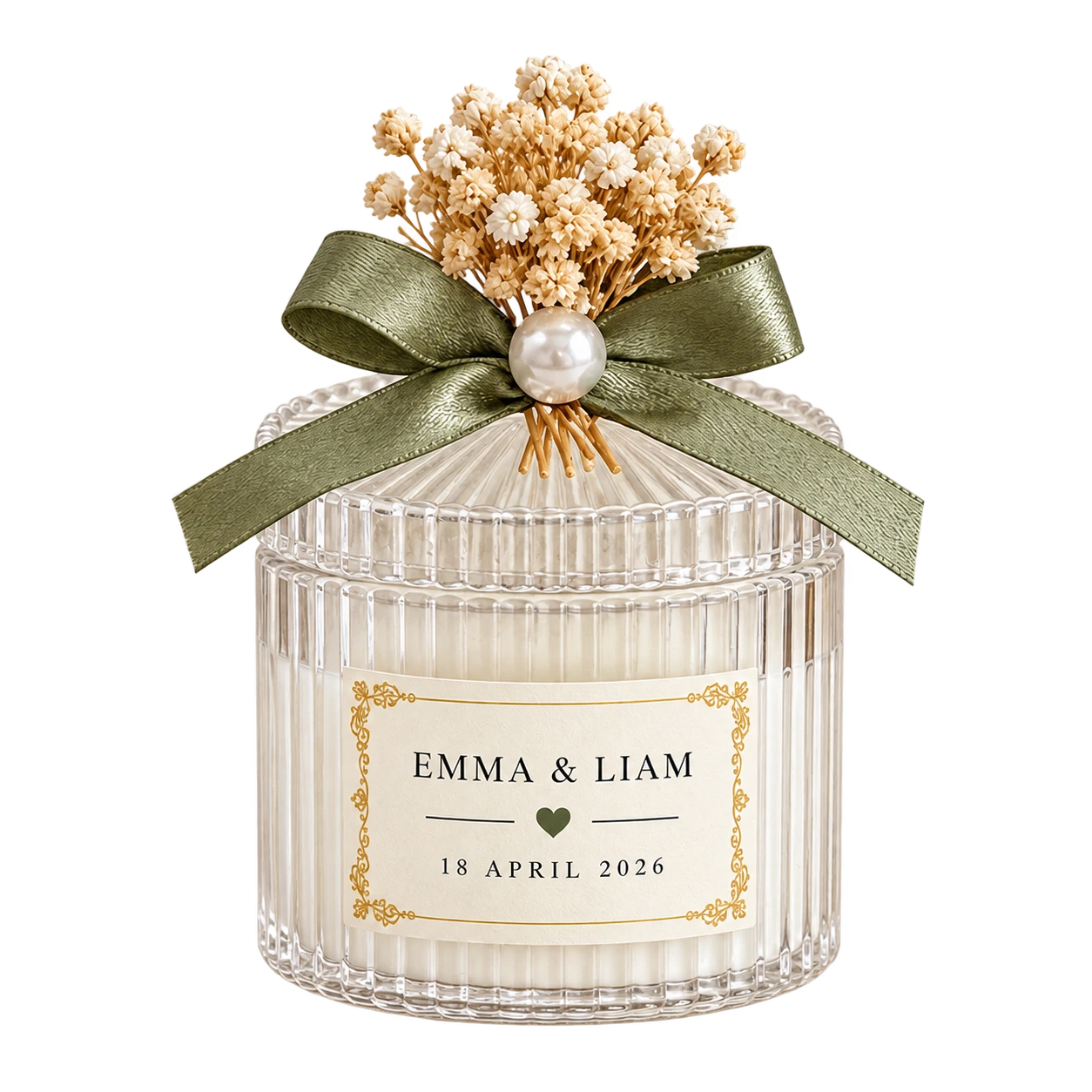Ribbed glass candle favor for Emma and Liam dated 18 April 2026