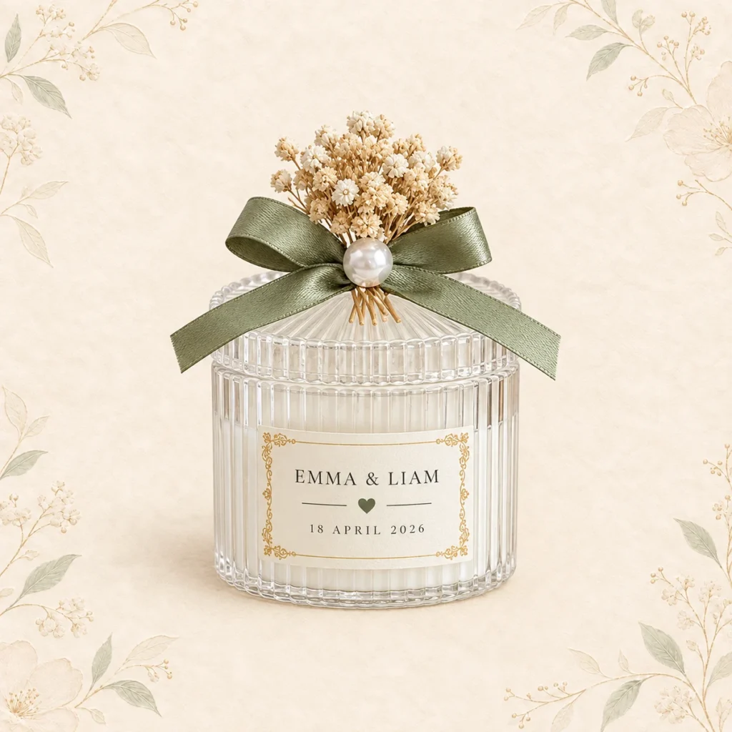 Ribbed glass candle favor for Emma and Liam dated 18 April 2026