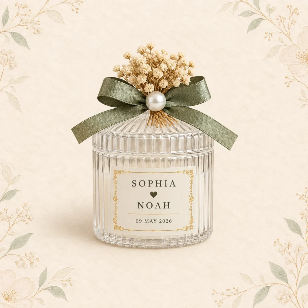 Ribbed glass candle favor for Sophia and Noah dated 9 May 2026