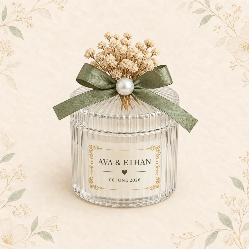 Ribbed glass candle favor for Ava and Ethan dated 6 June 2026
