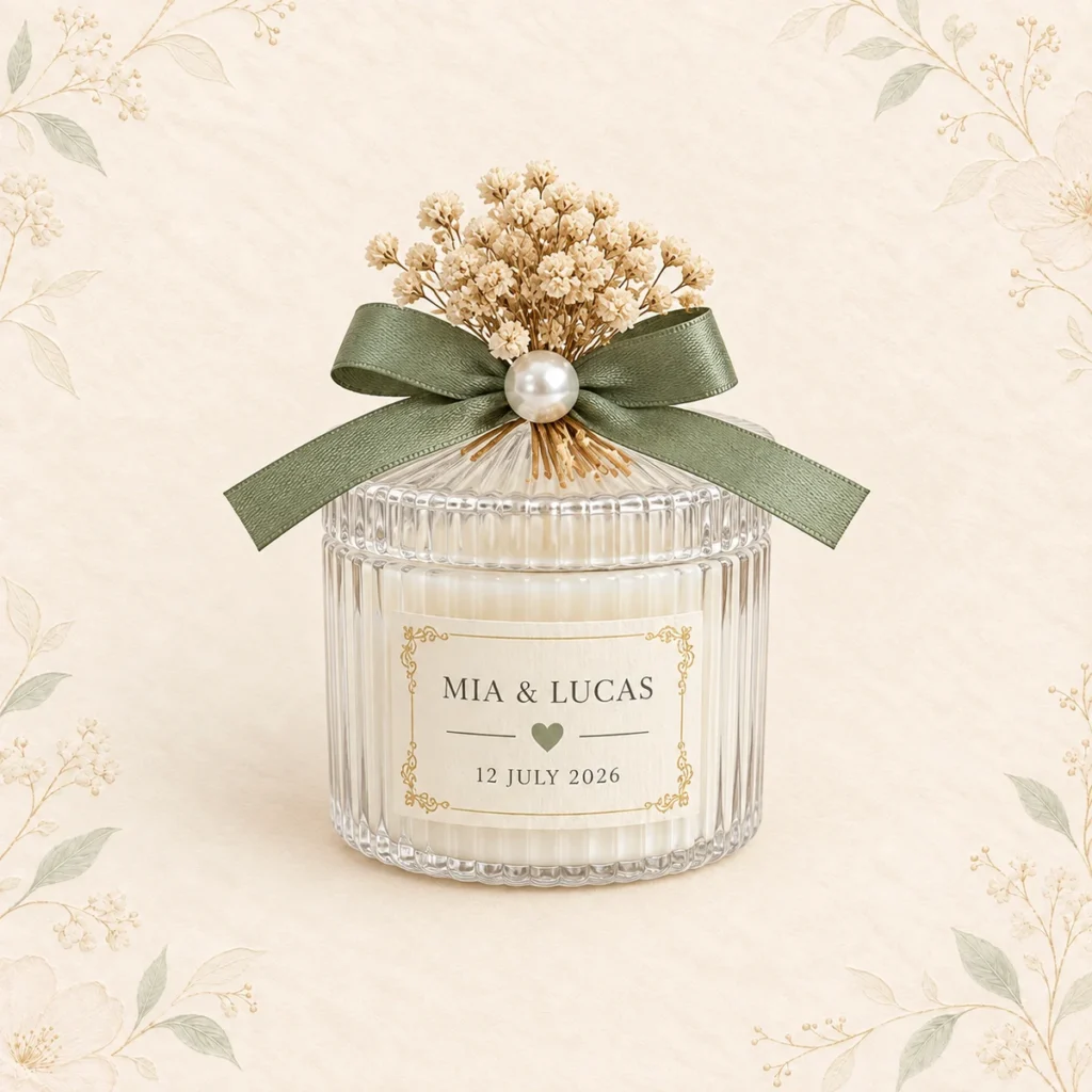 Ribbed glass candle favor for Mia and Lucas dated 12 July 2026